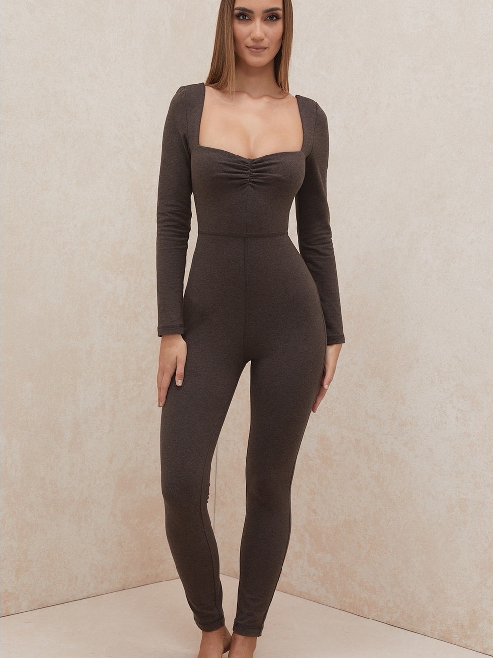 House of CB Long Sleeve Square Neck Jumpsuit in Brown